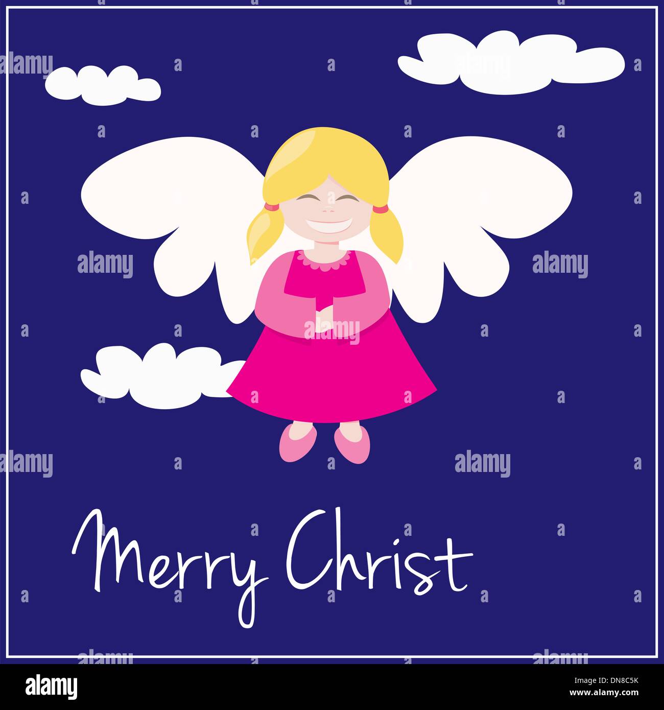 Carte vectorielle avec Joyeux Noël souhaits et sweet ange au sourire volant dans le ciel. Illustration de Vecteur