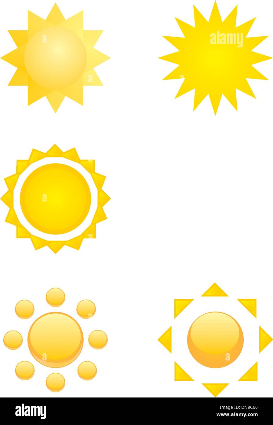 Ensemble de main dessiné vector illustrations - symbole jaune soleil, clip art ou l'icône isolé sur fond blanc. Illustration de Vecteur