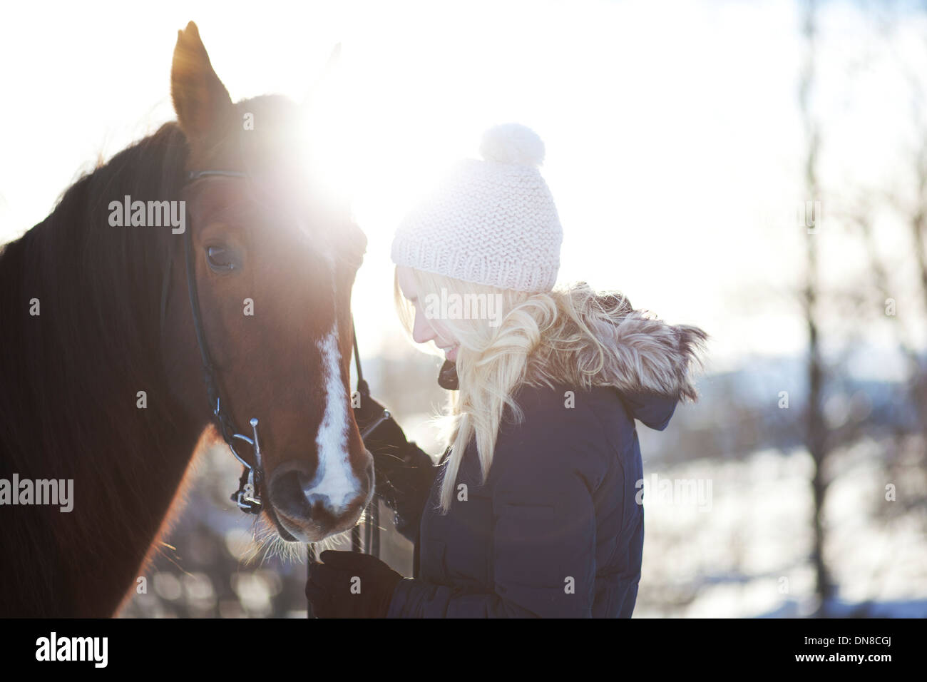 Jeune femme à cheval en hiver Banque D'Images