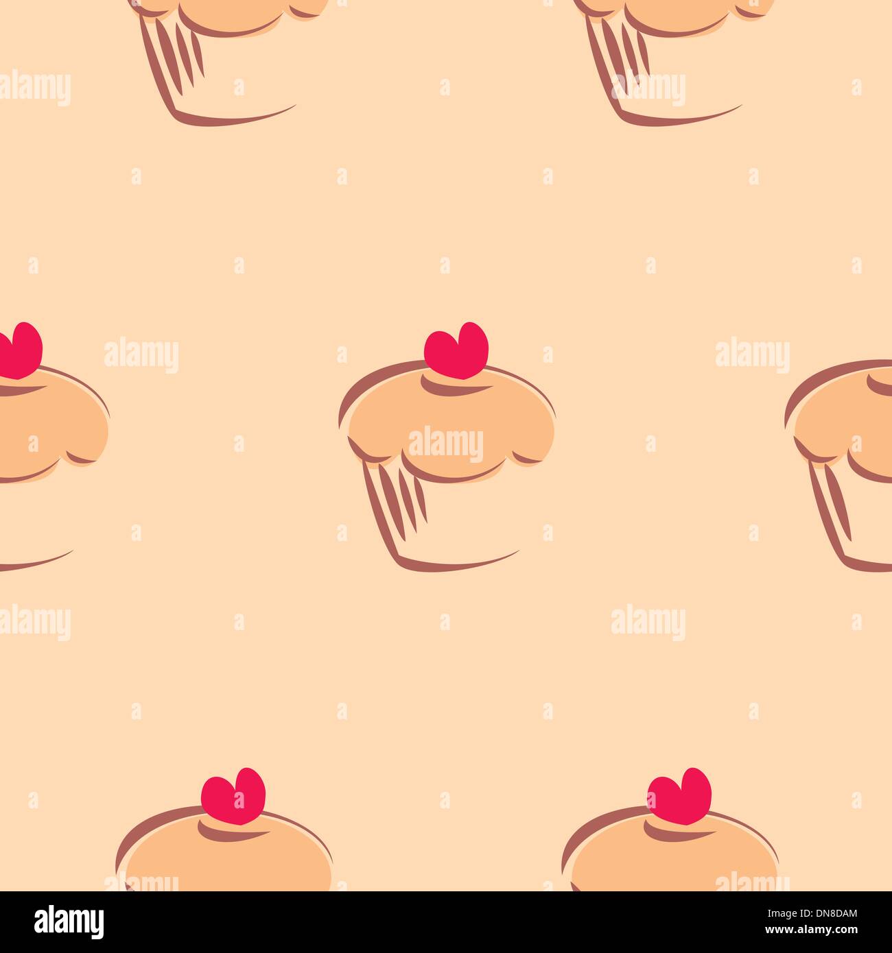 Modèle vectoriel continu ou d'arrière-plan avec de grands gâteaux, muffins, gâteaux sucrés et coeur rouge sur le dessus. Illustration de Vecteur