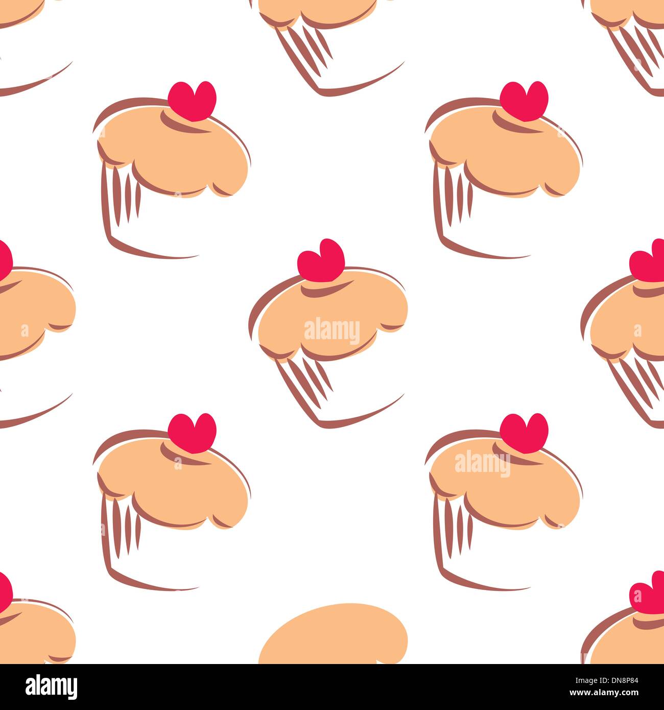 Modèle vectoriel continu ou de texture avec big sweet cupcakes, muffins gâteau avec cœur rouge sur fond blanc. Illustration de Vecteur