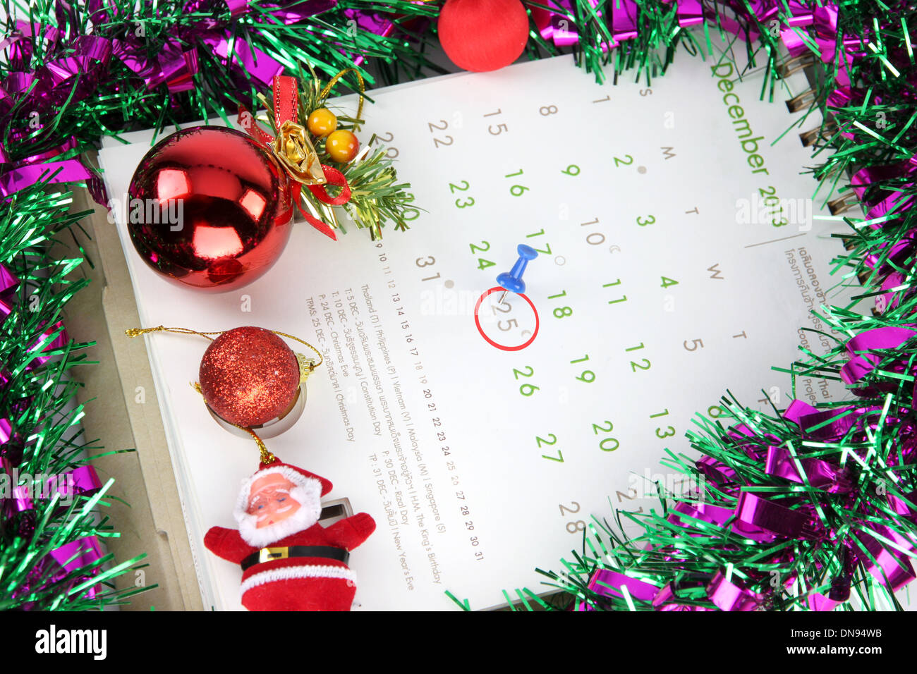 L'équipement et du calendrier des idées de Noël. Banque D'Images
