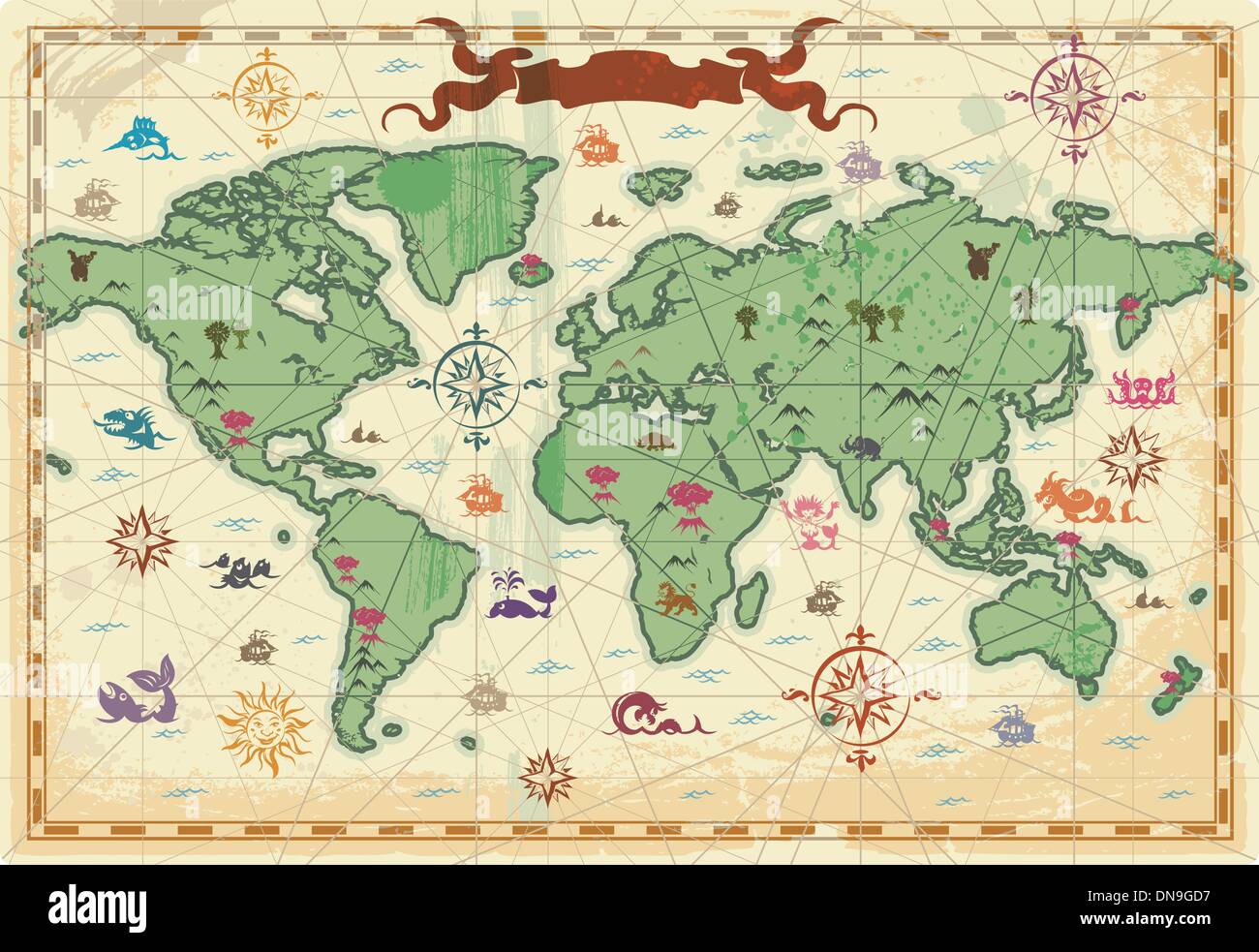 Ancienne carte du monde en couleur Illustration de Vecteur