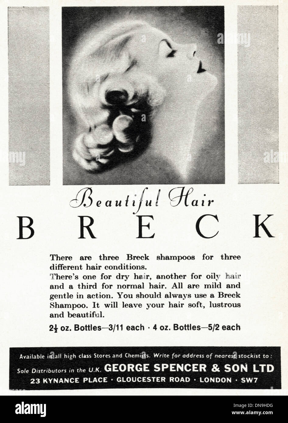 Années 1950, la publicité. Vintage original women's magazine de mode publicité pour le shampooing BRECK pour de beaux cheveux Banque D'Images