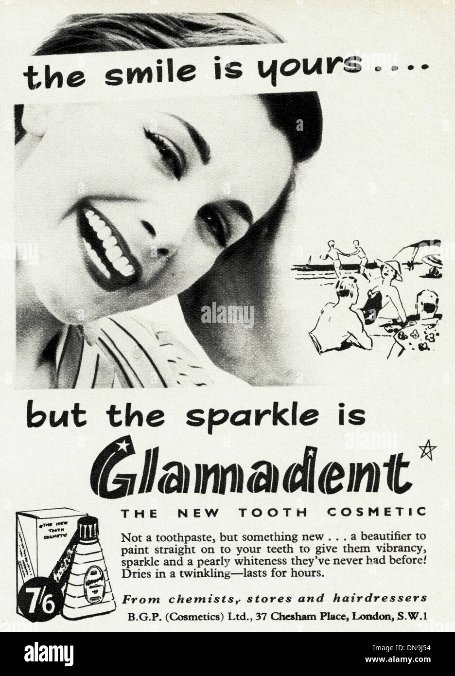 Années 1950, la publicité. Vintage original women's magazine de mode publicité pour GLAMADENT cosmétique dentaire Banque D'Images