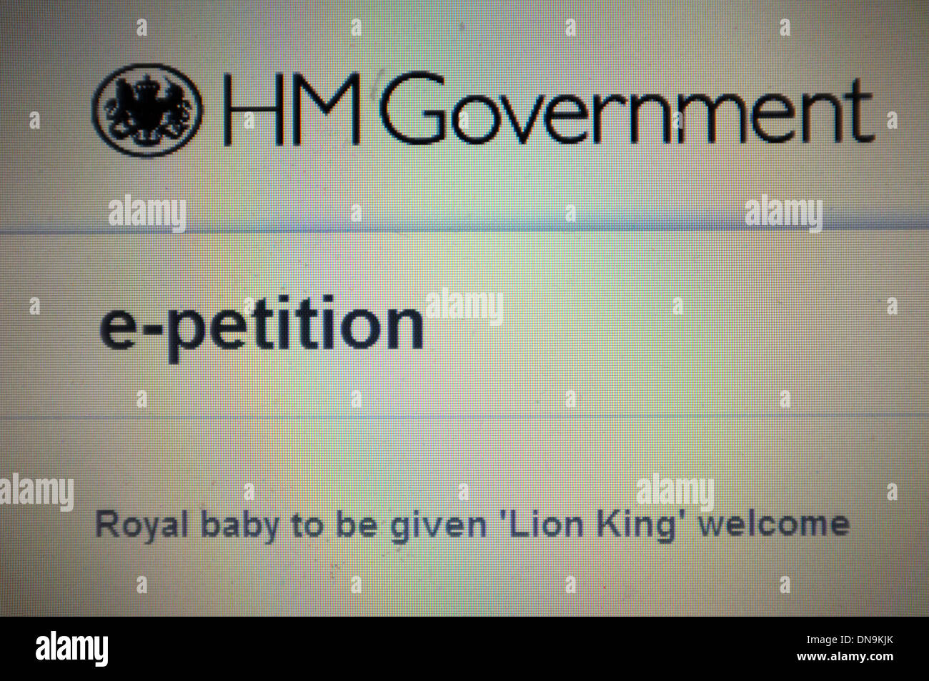 Un e-pétition sur le site web du Gouvernement britannique appelant pour le nouveau bébé royal à donner un Roi Lion bienvenue. Banque D'Images