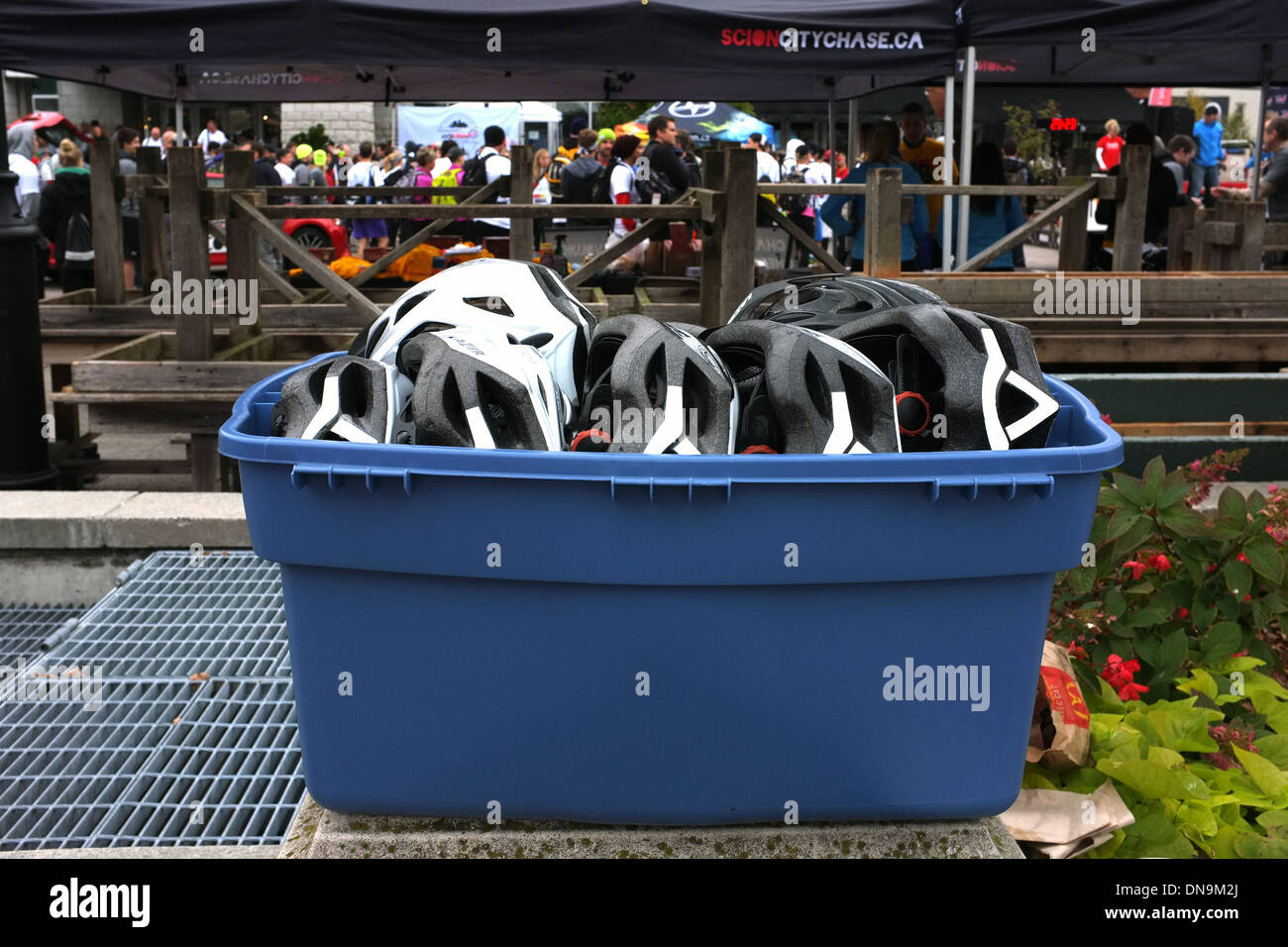 Un récipient en plastique bleu plein de casques vélo. Banque D'Images