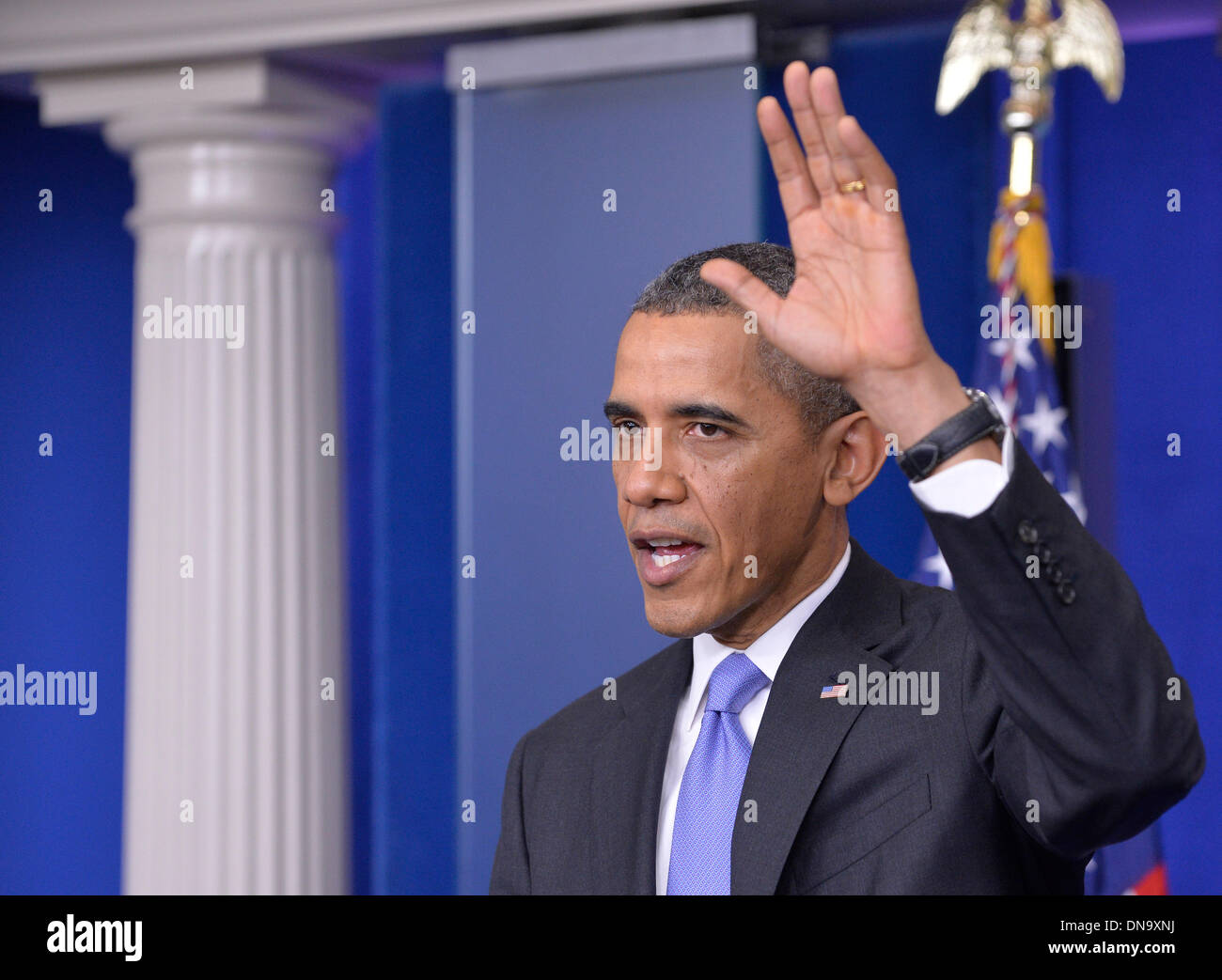 Washington DC, USA. 18Th Oct, 2013. Le président américain Barack Obama accueille la conférence de presse de fin d'année dans la salle de briefing de la Brady Maison Blanche à Washington DC, capitale des États-Unis, le 20 décembre 2013. Credit : Zhang Jun/Xinhua/Alamy Live News Banque D'Images