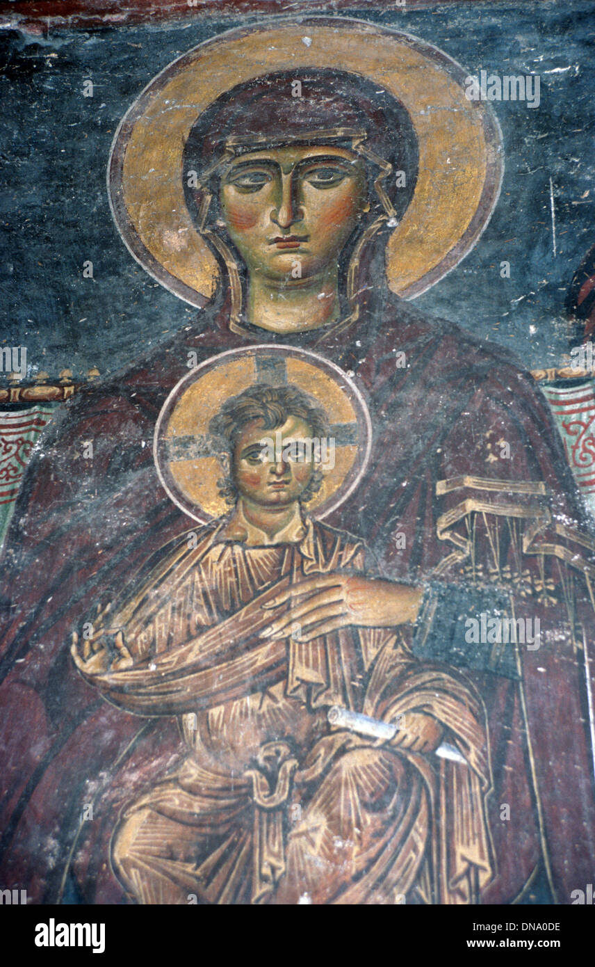 Fresque Byzantine Vierge Marie et l'enfant (1176-80) chapelle de la Vierge du monastère Saint Jean le Théologien Patmos, Grèce Banque D'Images