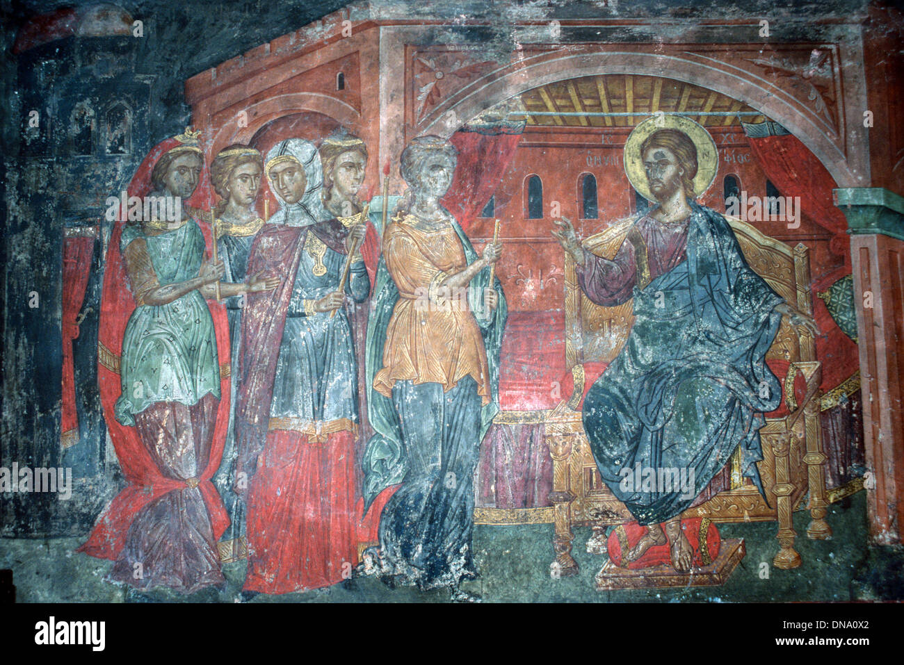 Fresque byzantine des cinq vierges sages et Christ (c1600) chapelle de la Vierge du monastère Saint Jean¨Patmos Grèce Banque D'Images