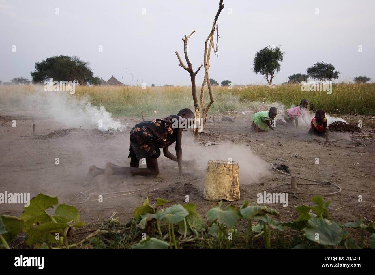 Alian, Jonglei, au Soudan du Sud. 14Th Nov, 2009. Les enfants de Alian village près de Bor dans l'état du Jonglei, au Soudan du Sud font des tas de bouse de vache, qui sont brûlés la nuit pour garder les moustiques et autres insectes à l'écart de la boucherie après leur retour au village pour la nuit dans ce fichier 2009 photo. Alian est un village dinka environ 25 milles au nord de Bor, où les factions Dinka et Nuer récemment au sein du gouvernement ont commencé à se battre. © Vous Seberger/ZUMAPRESS.com/Alamy Live News Banque D'Images