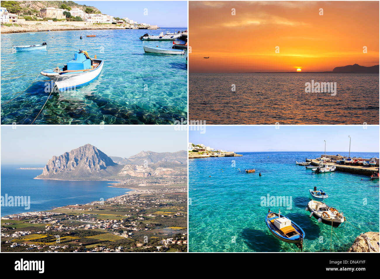 Collage d'été vacances mer coucher de soleil Sicile Italie [iles Egadi] l'île de Favignana Levanzo ensoleillé bateaux de pêche Banque D'Images