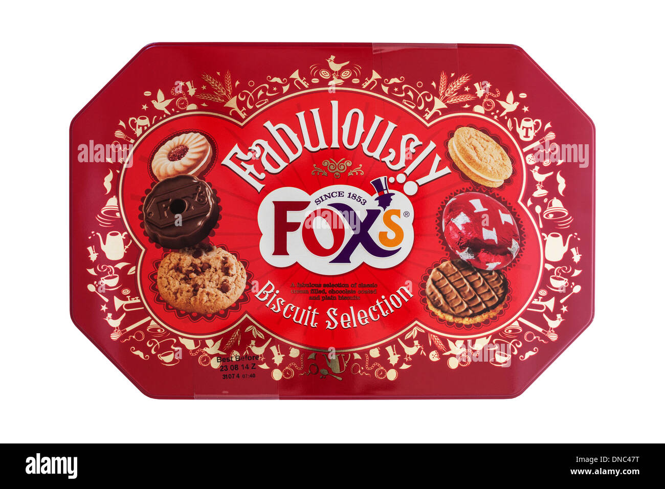 Une boîte de biscuits biscuits sélection du renard sur fond blanc Banque D'Images