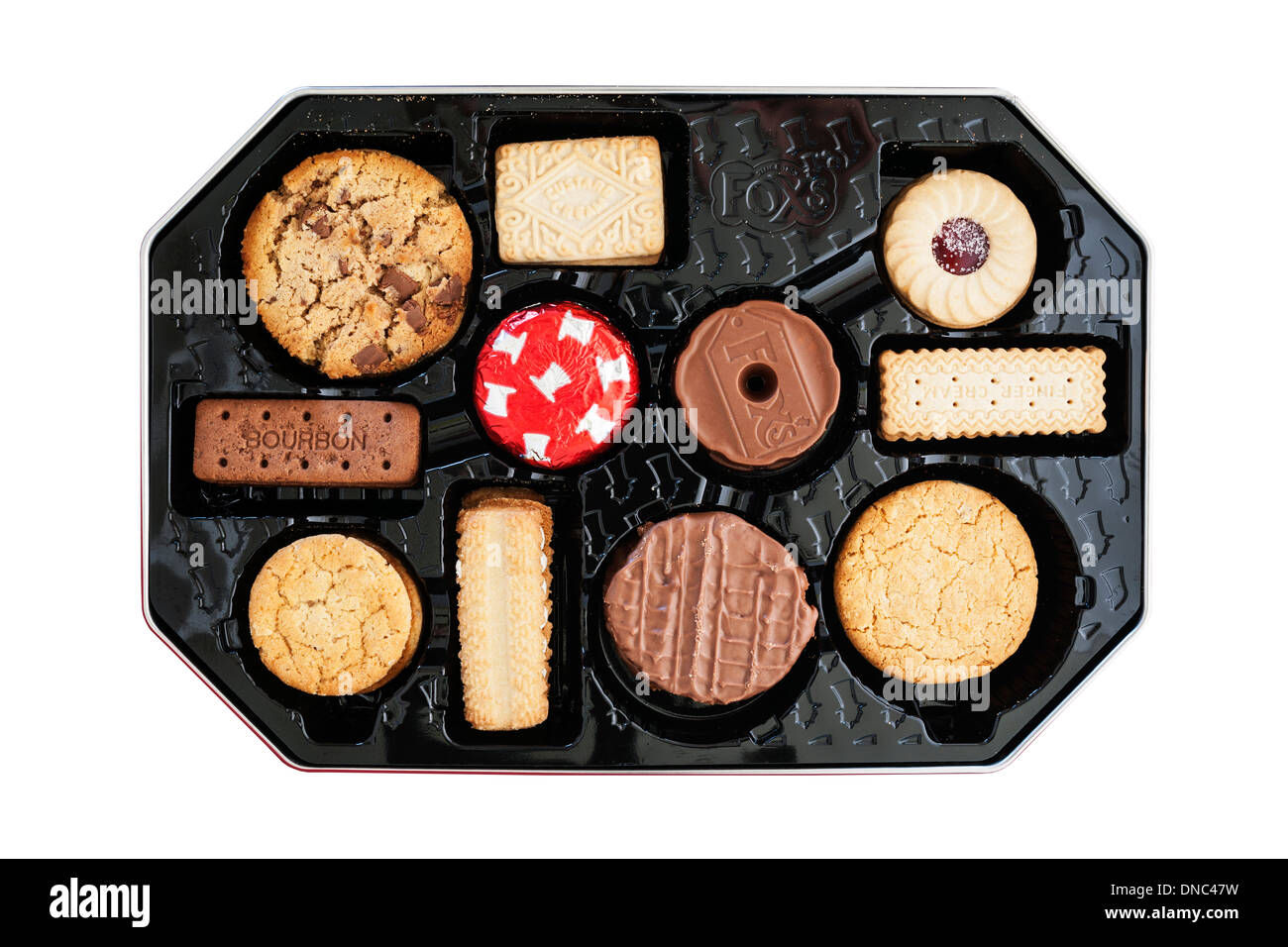 Une boîte de biscuits biscuits sélection du renard sur fond blanc Banque D'Images