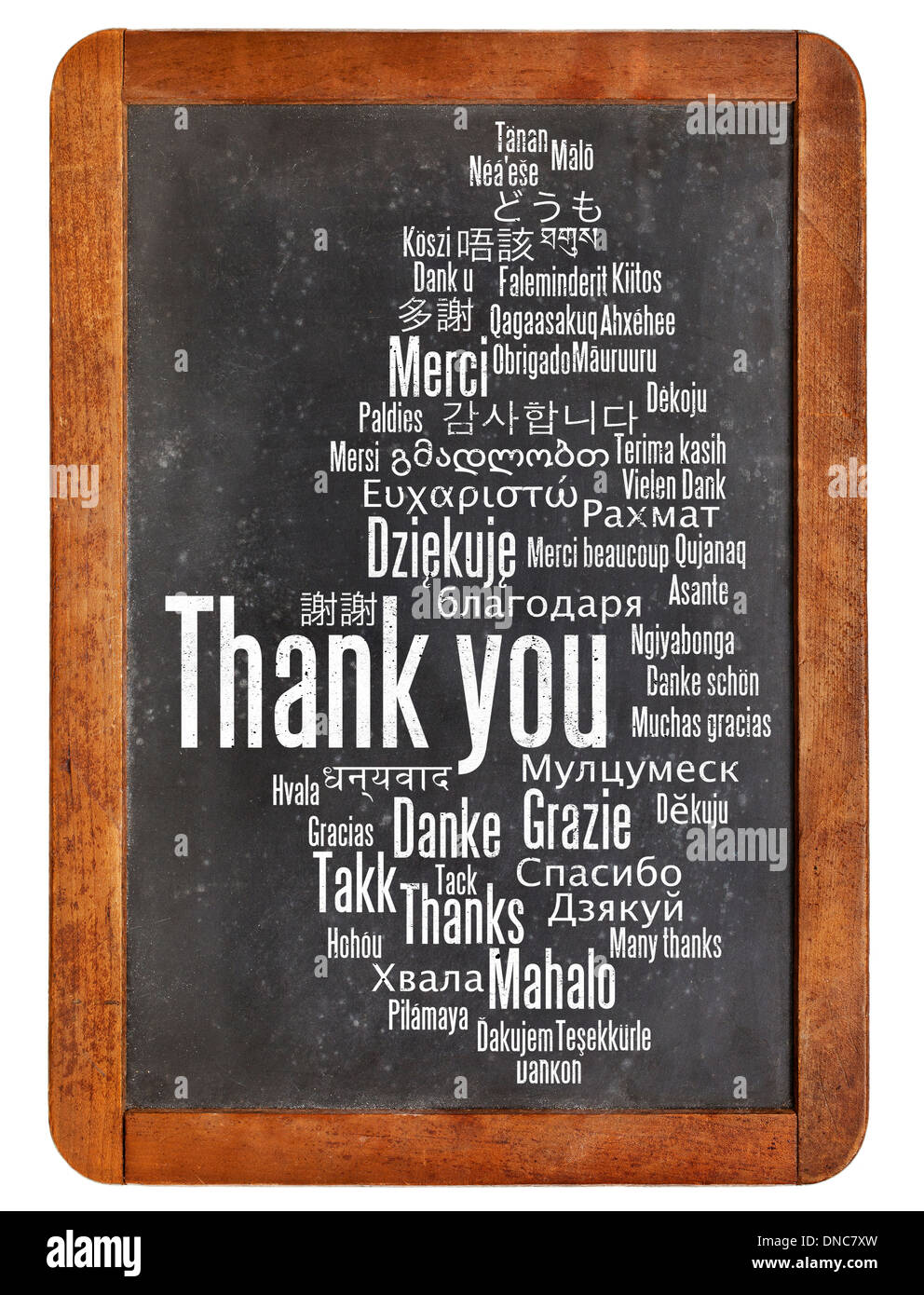 Merci en différentes langues - Nuage de mots sur un tableau noir ardoise vintage Banque D'Images