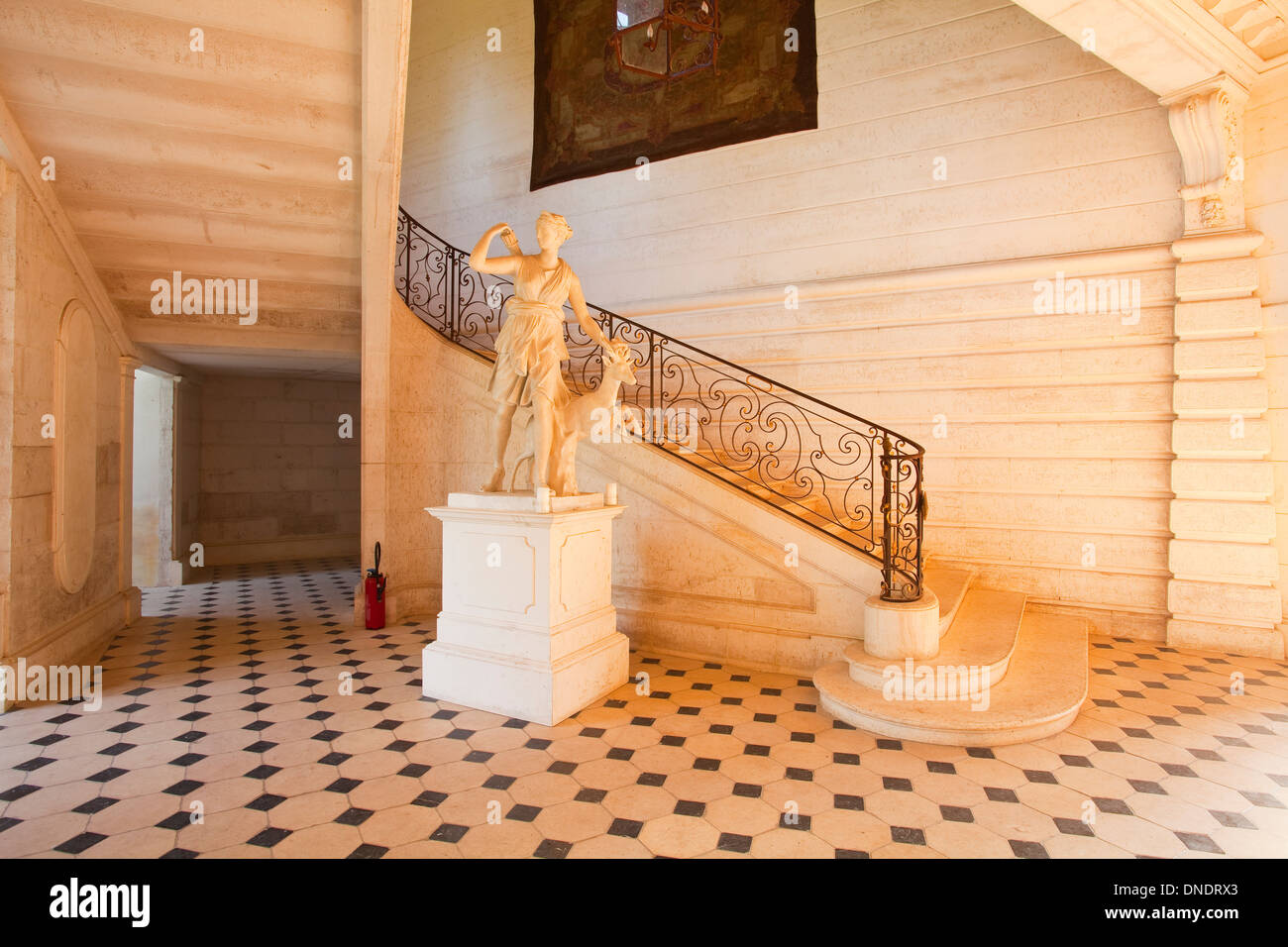 L'escalier principal dans le château de Saint Fargeau en Bourgogne, France. Banque D'Images