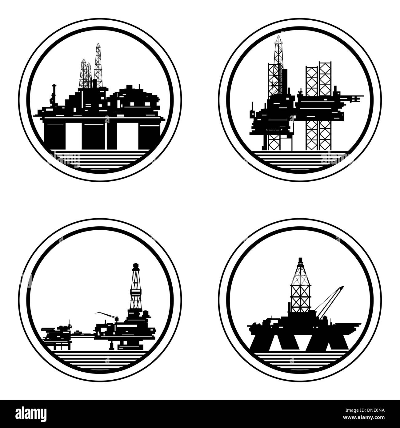 Badges avec forage et les plateformes pétrolières. Illustration sur fond blanc. Banque D'Images