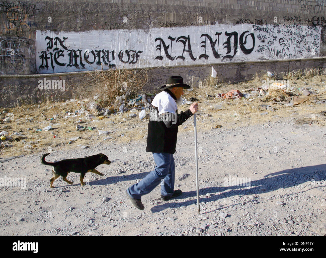 Un homme âgé promène son chien au-delà d'un marqueur de gangs à la mémoire d'un membre tué le long d'un coin de rue, où dix personnes ont été tuées dans des crimes de drogues 22 janvier 2009 à Juarez, au Mexique. La guerre contre la drogue a déjà fait plus de 40 personnes depuis le début de l'année. Plus de 1600 personnes ont été tuées à Juarez en 2008, faisant de la ville la plus violente Juarez au Mexique. Banque D'Images