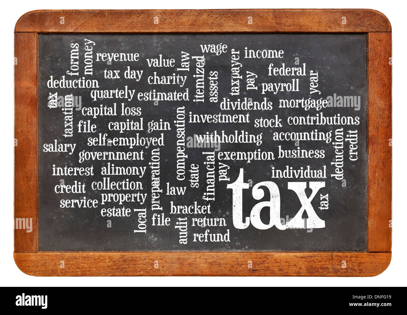 Nuage de mots clés ou tags liés à payer des taxes sur un tableau noir ardoise vintage Banque D'Images