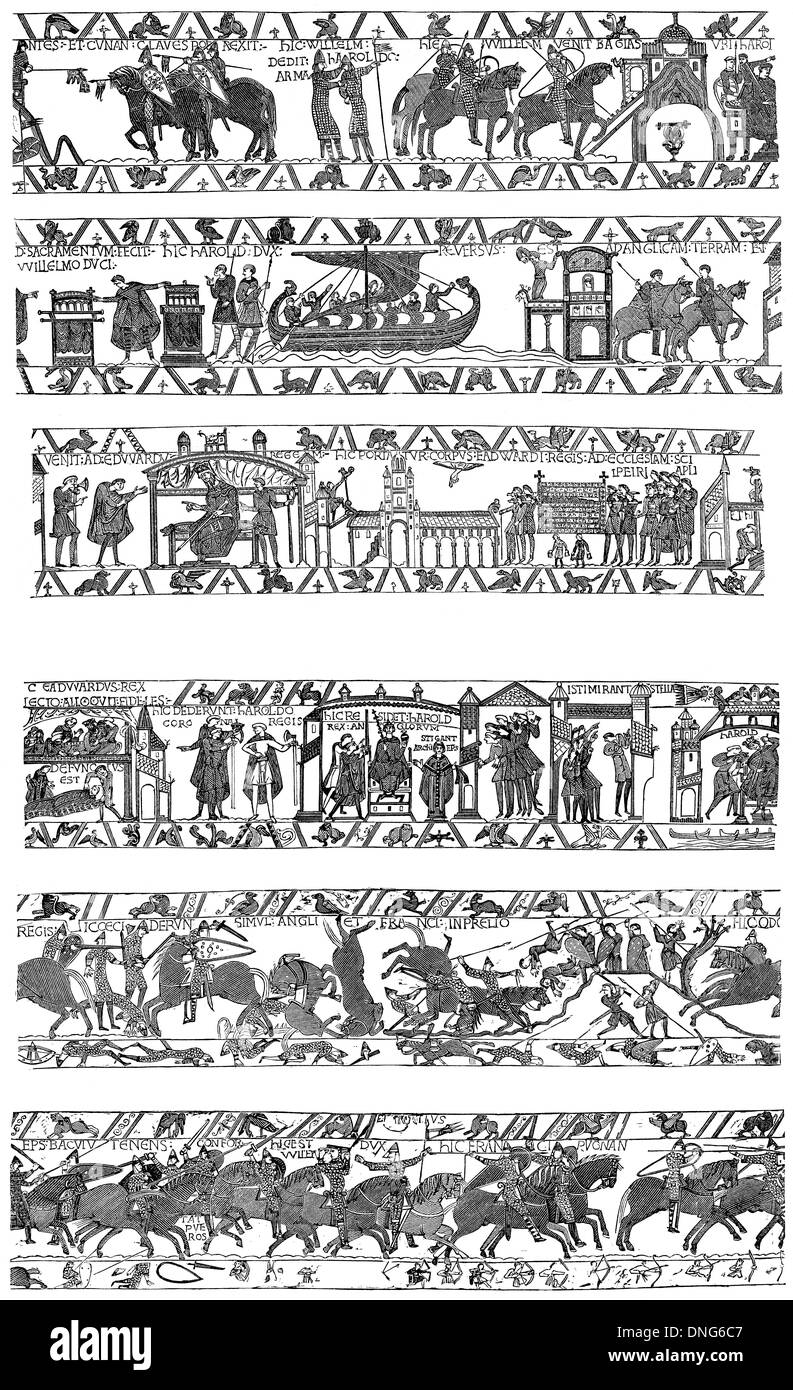 La Tapisserie de Bayeux, un tissu brodé montrant les événements menant à la conquête normande de l'Angleterre, Banque D'Images