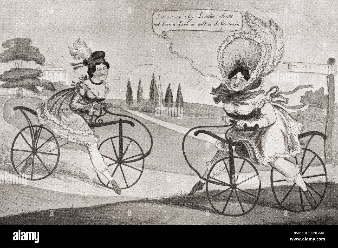 Deux anglais du 19e siècle mesdames sur des bicyclettes. Banque D'Images