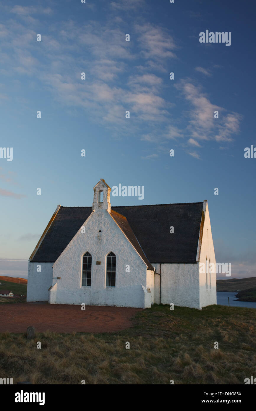 La chapelle dans le village de Pâques Skeld, Skeld, Westside, Shetland, Écosse, au coucher du soleil Banque D'Images
