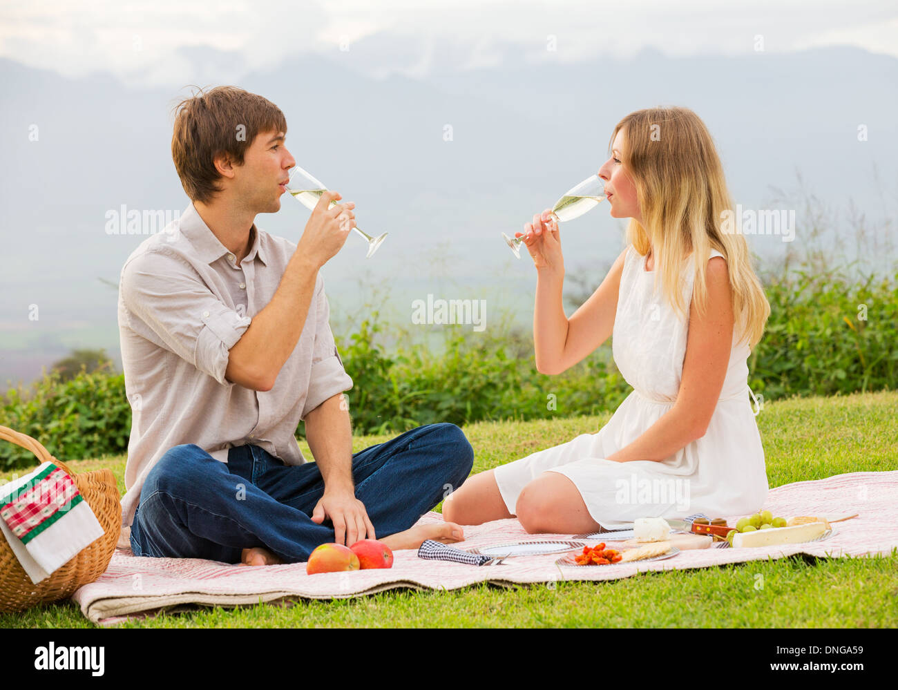Beau couple drinking champagne on pique-nique après-midi romantique en campagne Banque D'Images