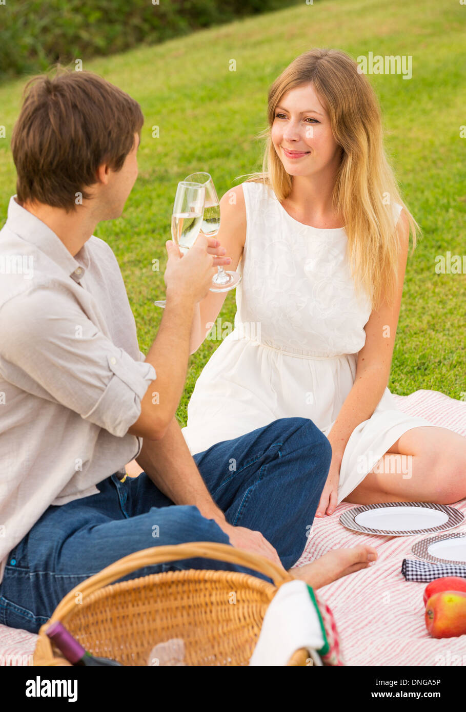 Beau couple drinking champagne on pique-nique après-midi romantique en campagne Banque D'Images