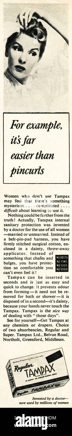 1950 magazine annonce pour les produits sanitaires des femmes TAMPAX Banque D'Images