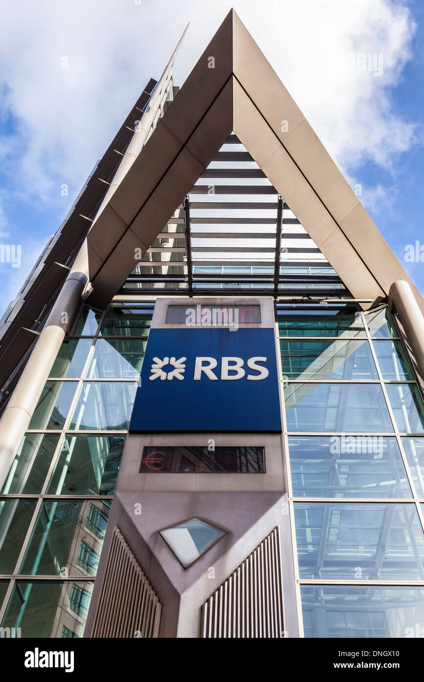 Logo RBS et Royal Bank of Scotland en verre et d'acier pour le bâtiment moderne à Bishopsgate, Londres Banque D'Images