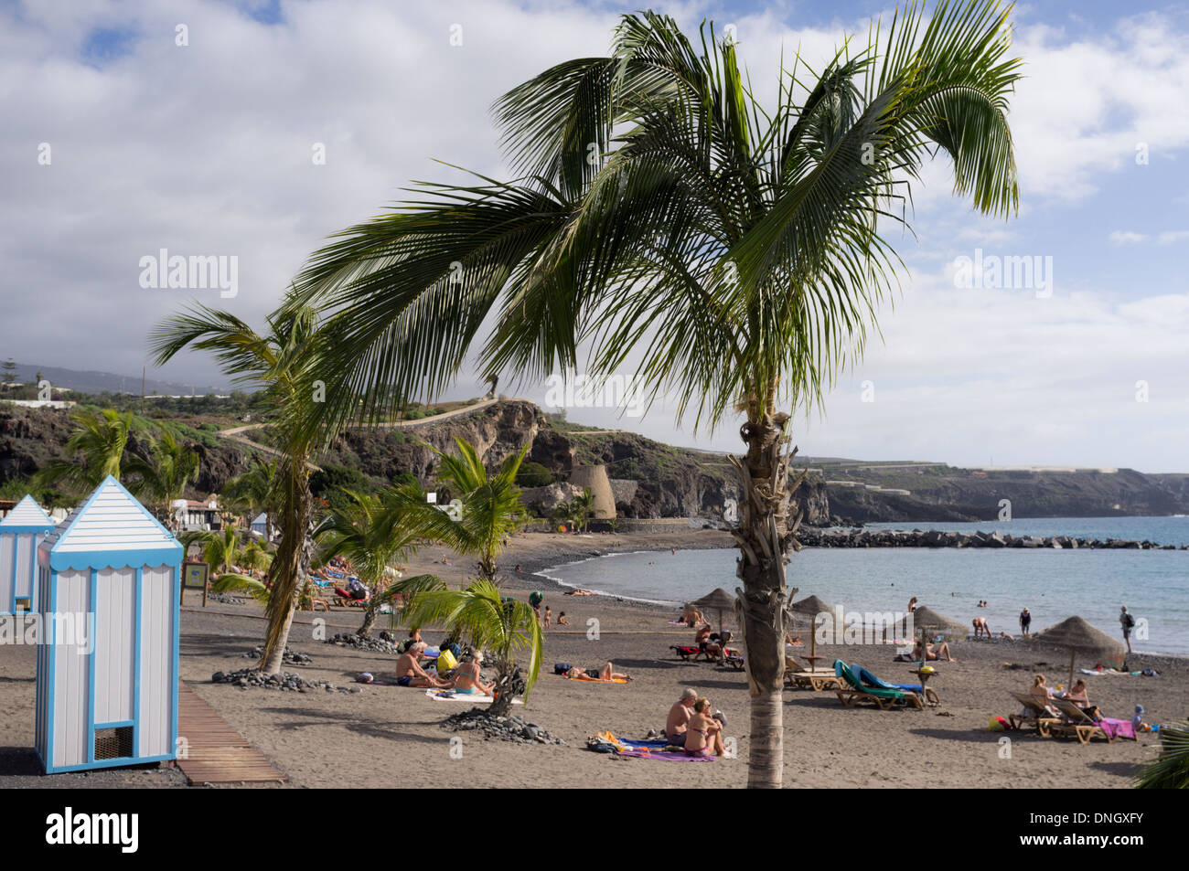 Palmiers et de l'évolution des cabanes de plage de San Juan, Tenerife, Canaries, Espagne Banque D'Images