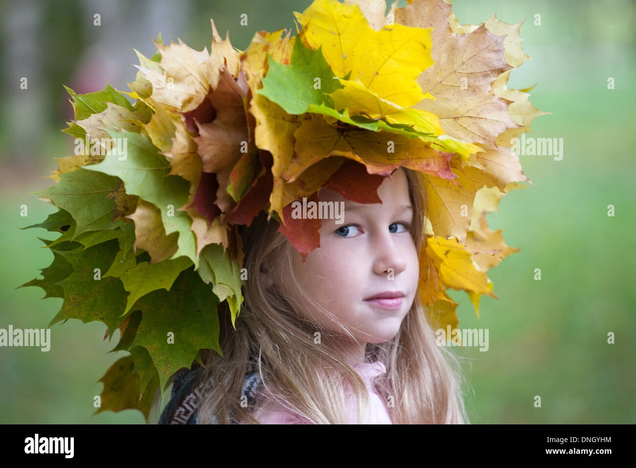 Portrait de belle petite fille de race blanche à l'automne jaune feuilles d'érable couronne Banque D'Images