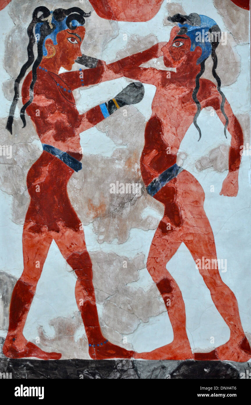La peinture grecque antique de la boxe et les boxeurs de Santorini en Grèce Banque D'Images