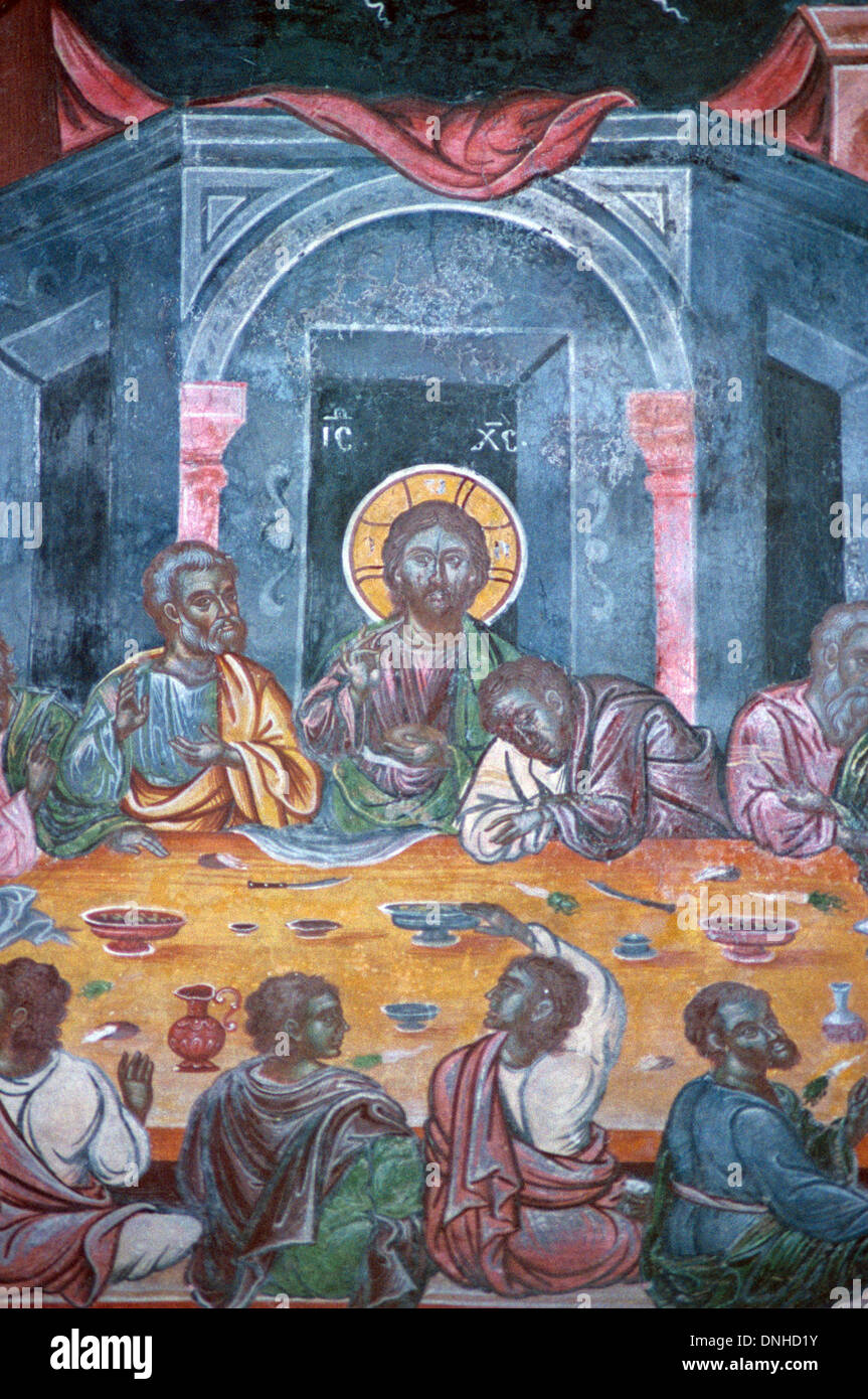 Dernier repas du Christ et les Apôtres, fresque du 18ème ou la peinture murale, Athènes Grèce Monastère Kaisariani Banque D'Images