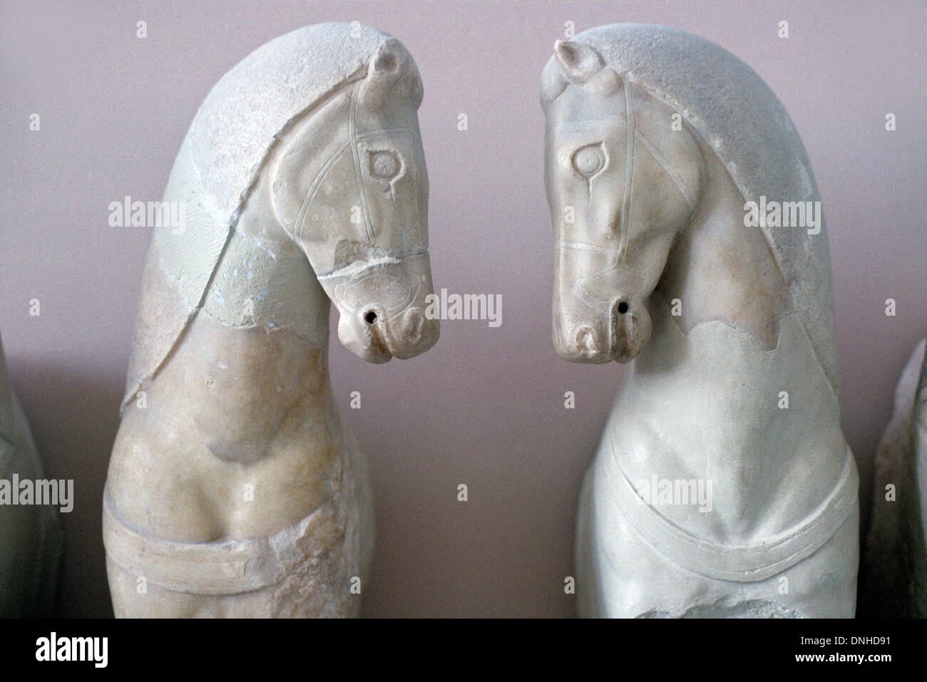 Grec classique antique des chevaux d'un quadrige de marbre antique ou char tiré par quatre chevaux Grèce Banque D'Images