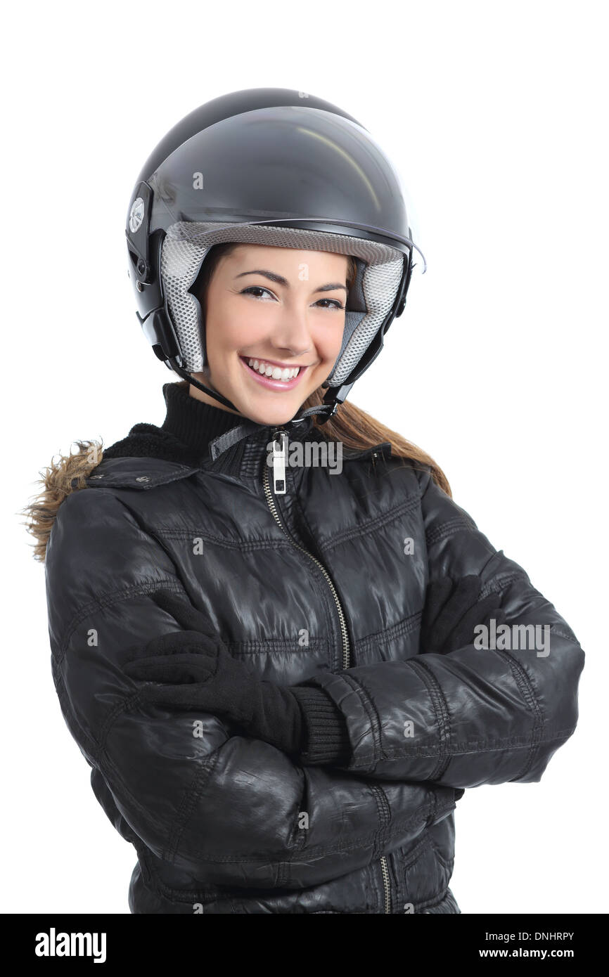 Belle femme motard urbain avec un casque isolé sur fond blanc Banque D'Images
