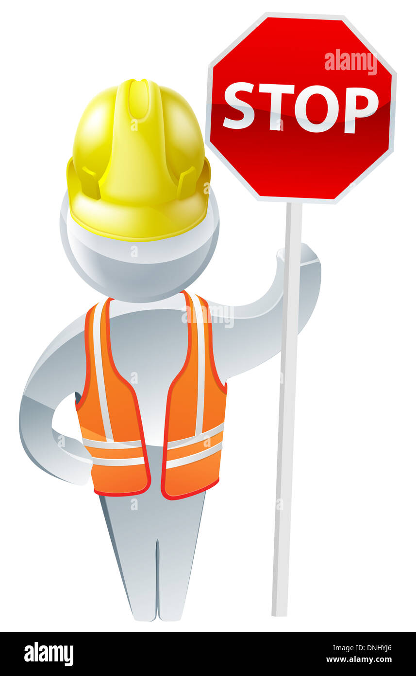 Panneau d'arrêt workman portant un casque jaune et Veste haute visibilité vêtements de sécurité Banque D'Images