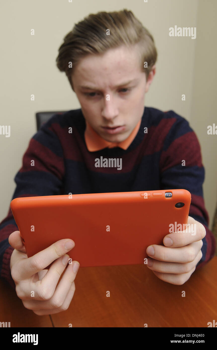 Garçon de 16 ans à l'aide d'un ordinateur tablette Banque D'Images