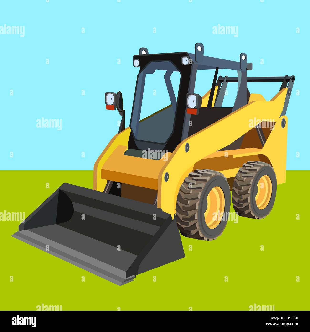 Le camion jaune avec un grattoir pour soulever le fret. Illustration de Vecteur