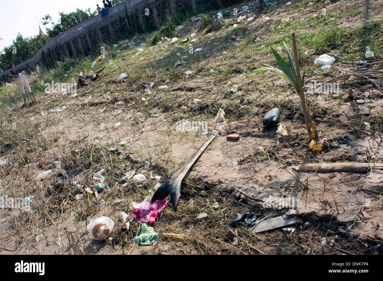 Des sacs en plastique et autres déchets se sont accumulés dans les mauvaises herbes sur la rive du Mékong dans la région de Kampong Cham, au Cambodge. Banque D'Images
