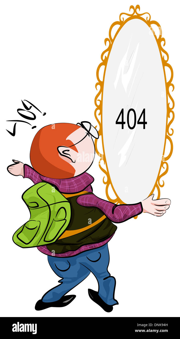 Représentation d'illustration d'un homme regardant 404 miroir sur le mur Banque D'Images