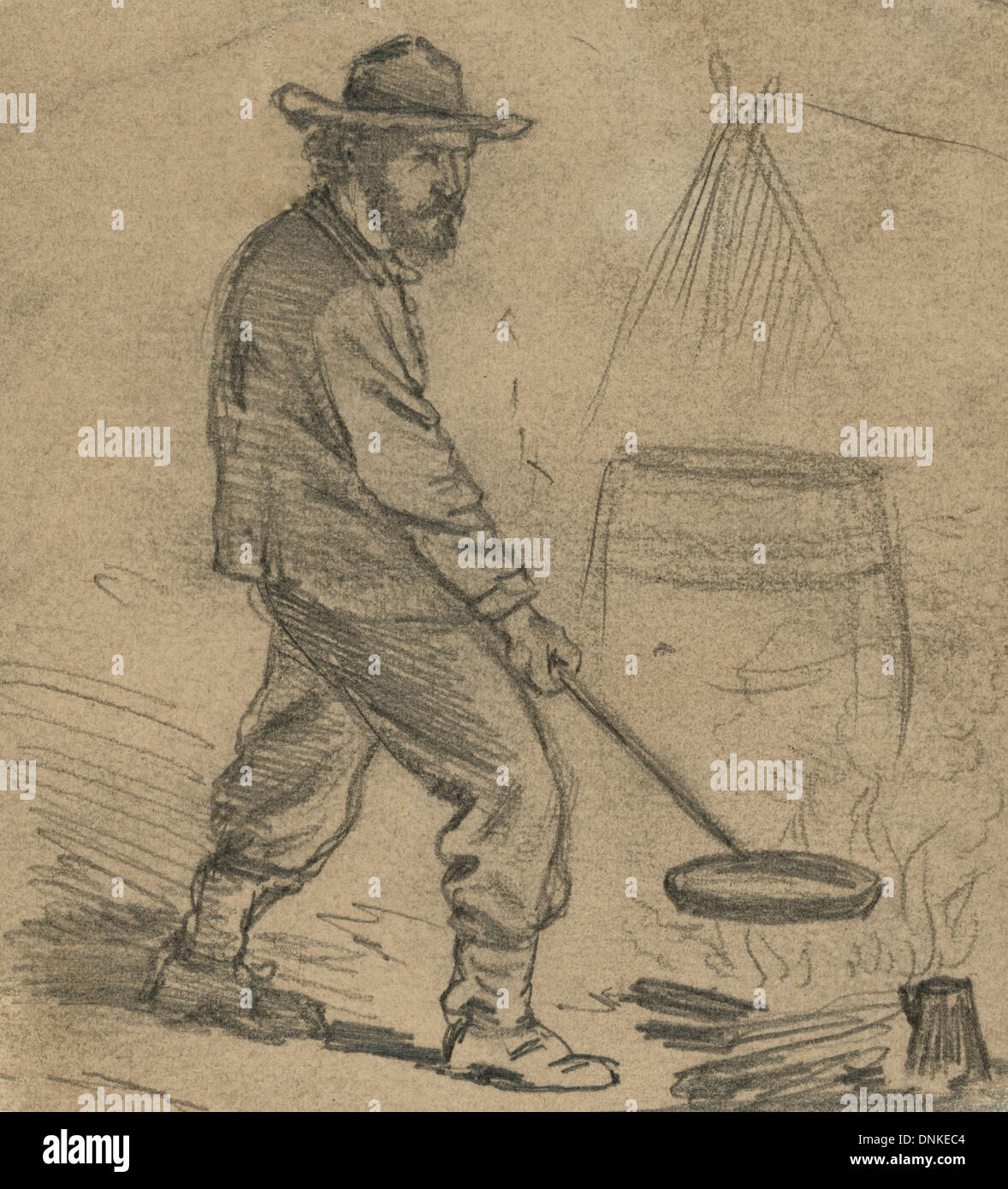 Rares Beefsteak, près de Petersburg, Virginia. Man holding poêle avec poignée longue plus de camp. 1864 Banque D'Images