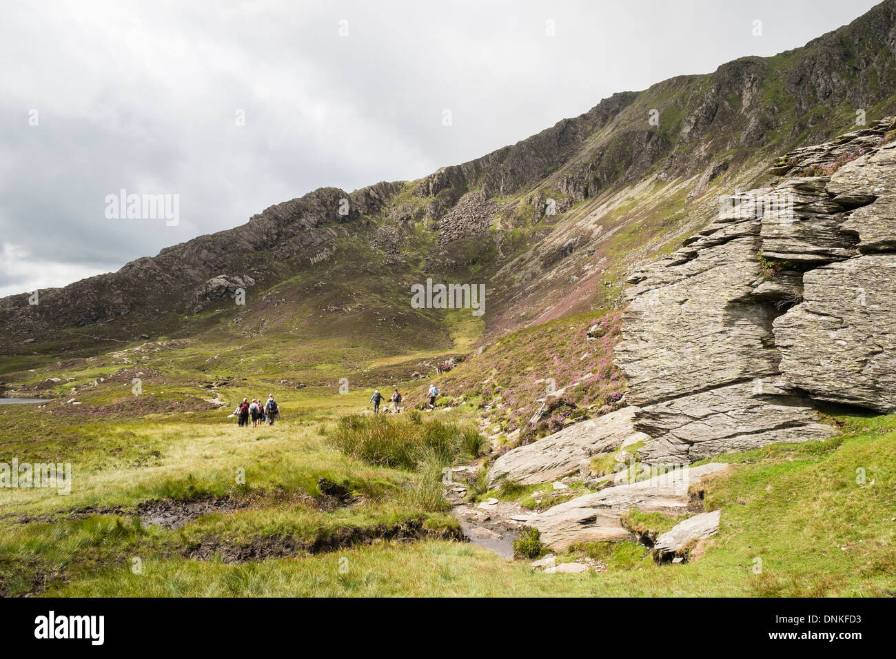 Chemin d'accès à Carnedd Moel Siabod des promeneurs crossing mcg Foel à Daear Ddu east ridge dans les montagnes de Snowdonia, le Nord du Pays de Galles, Royaume-Uni Banque D'Images