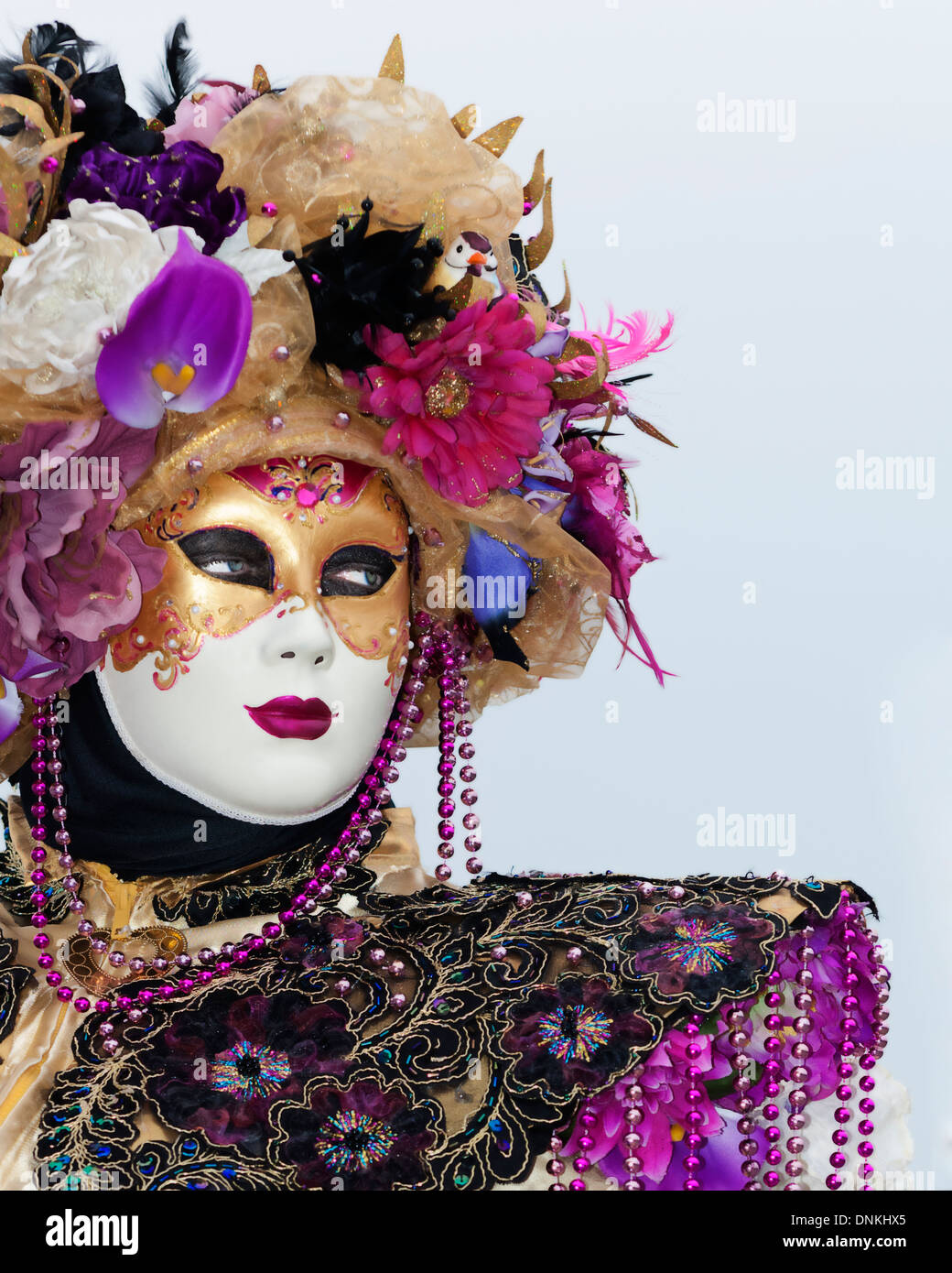 Carnaval costumé, participant à l'arrière-plan blanc, Venise, Italie Banque D'Images