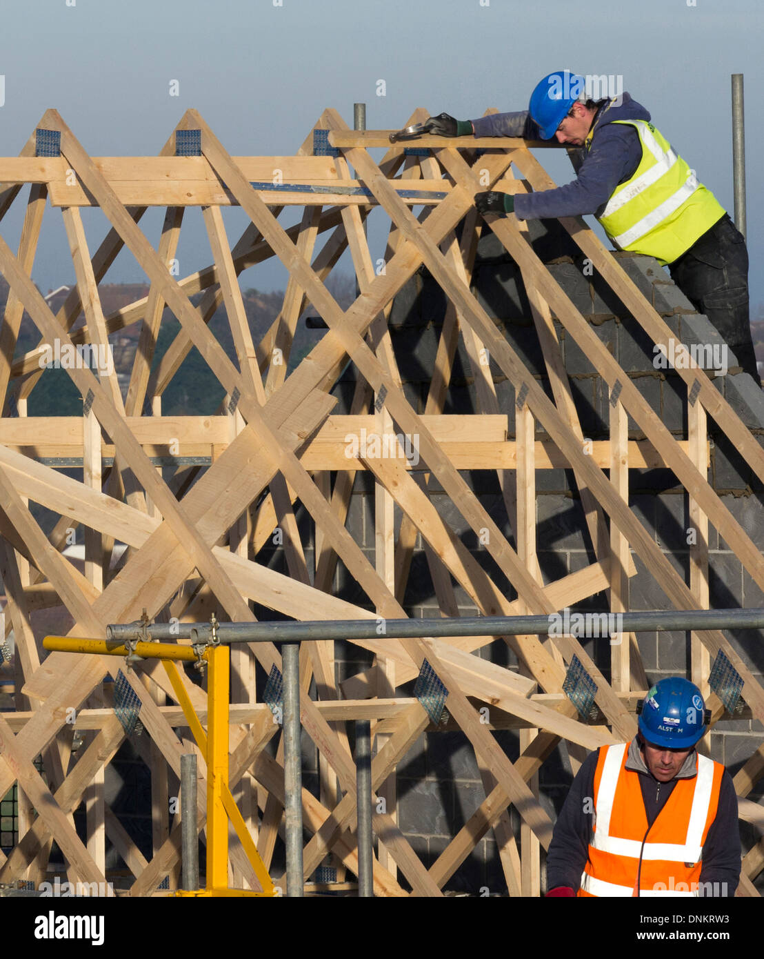 La construction du toit de la nouvelle maison d'habitation, Grantham, Lincolnshire Banque D'Images