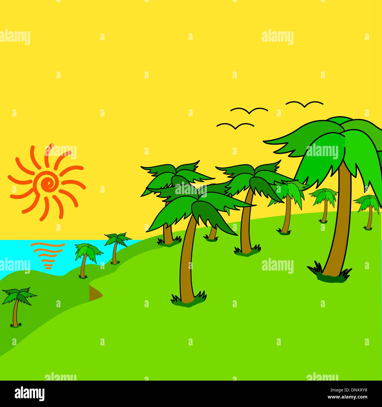 Palmiers tropicaux sur l'île tropicale au coucher du soleil. Vector illustration. Illustration de Vecteur