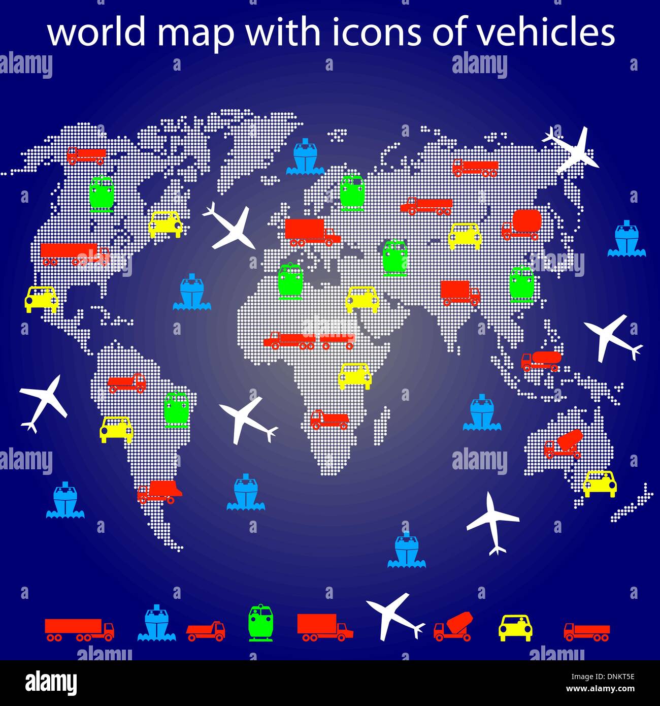 Carte du monde avec des icônes de transport pour voyager. Vecteur. Illustration de Vecteur