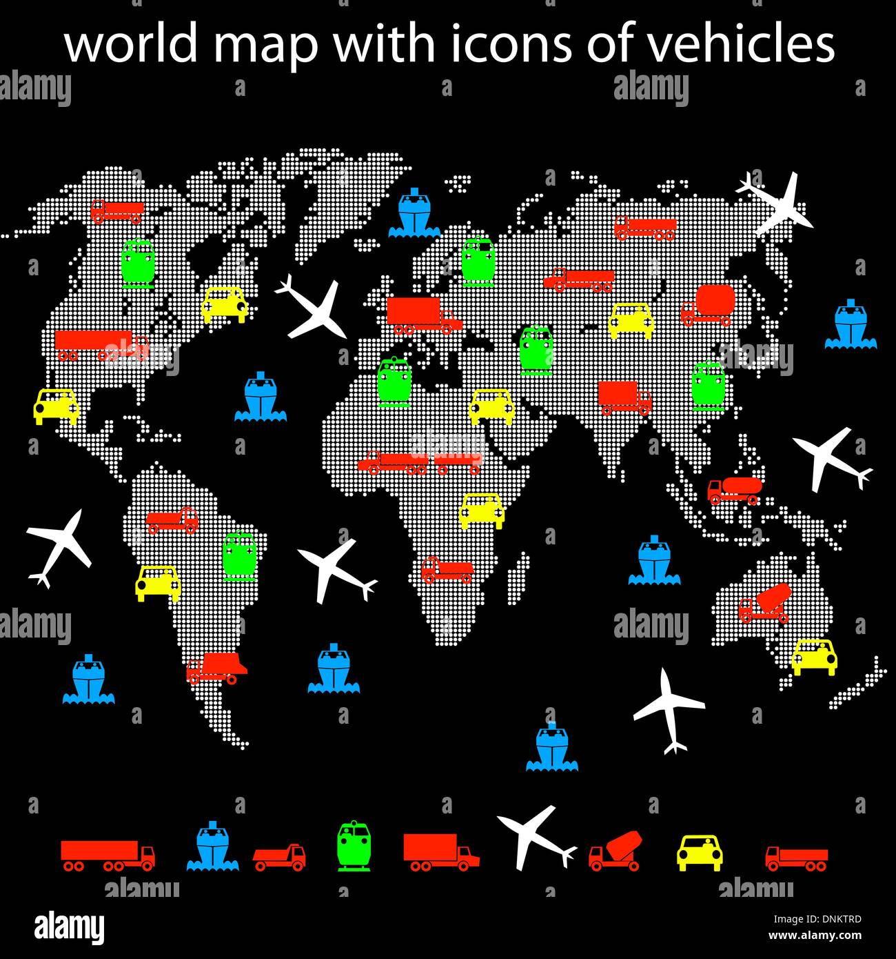 Carte du monde avec des icônes de transport pour voyager. Vecteur. Illustration de Vecteur