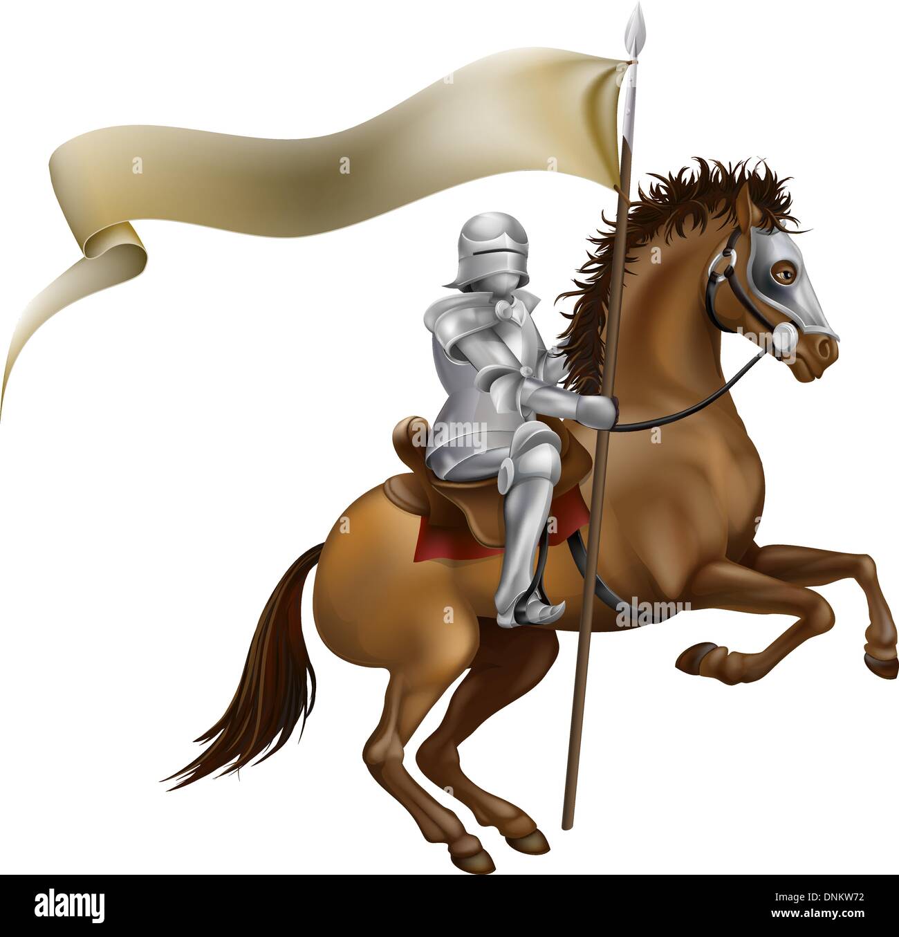 Un chevalier avec une lance et la bannière montée sur un cheval puissant Illustration de Vecteur