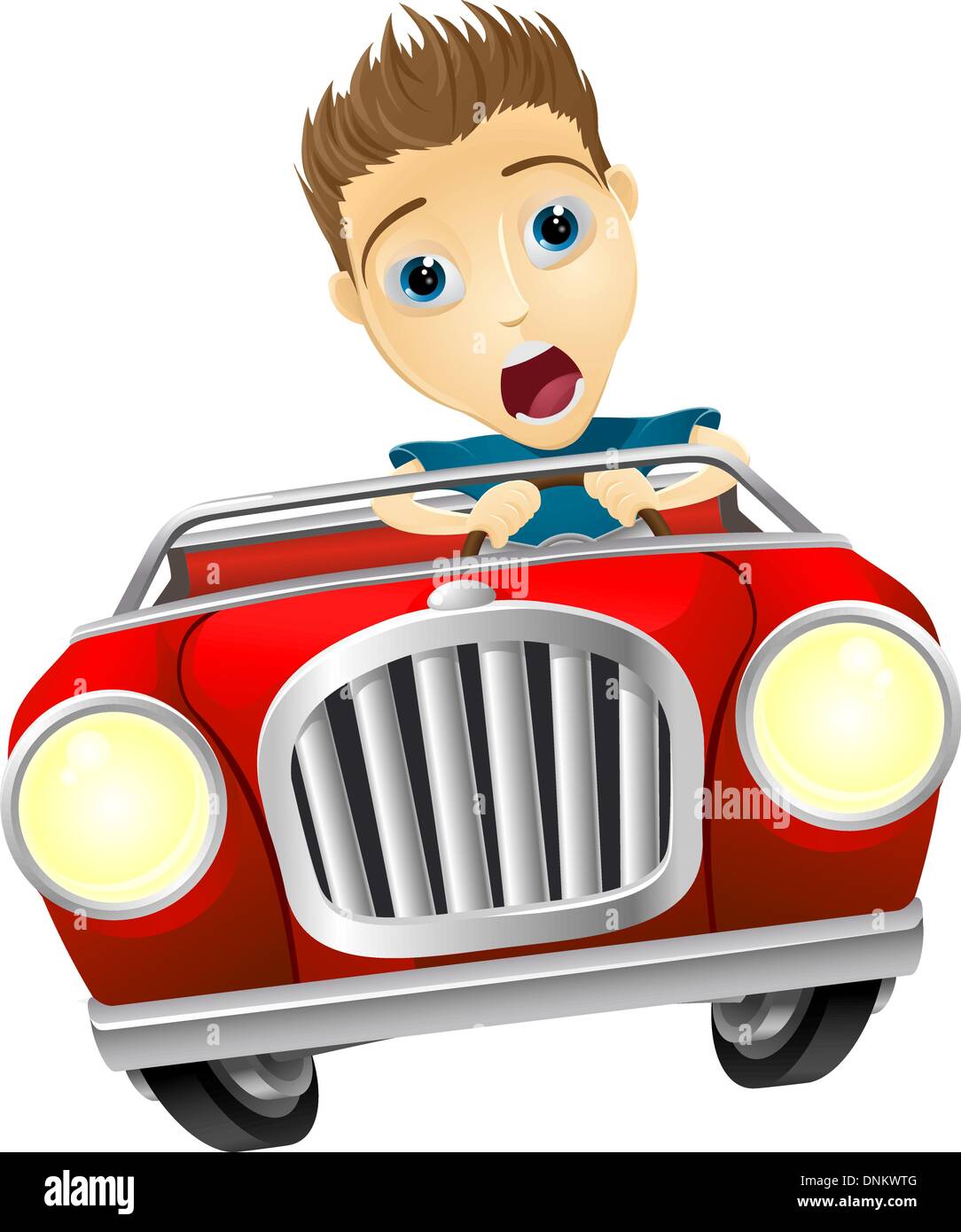 Cartoon jeune homme très peur à la conduite rapide en voiture sport décapotable Illustration de Vecteur